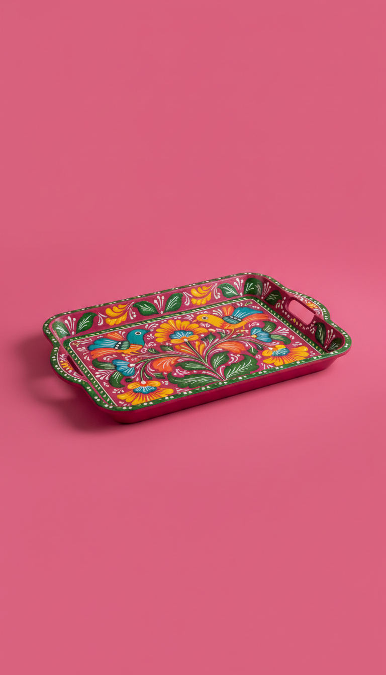 Hand-painted metal truck art tray on a coffee table