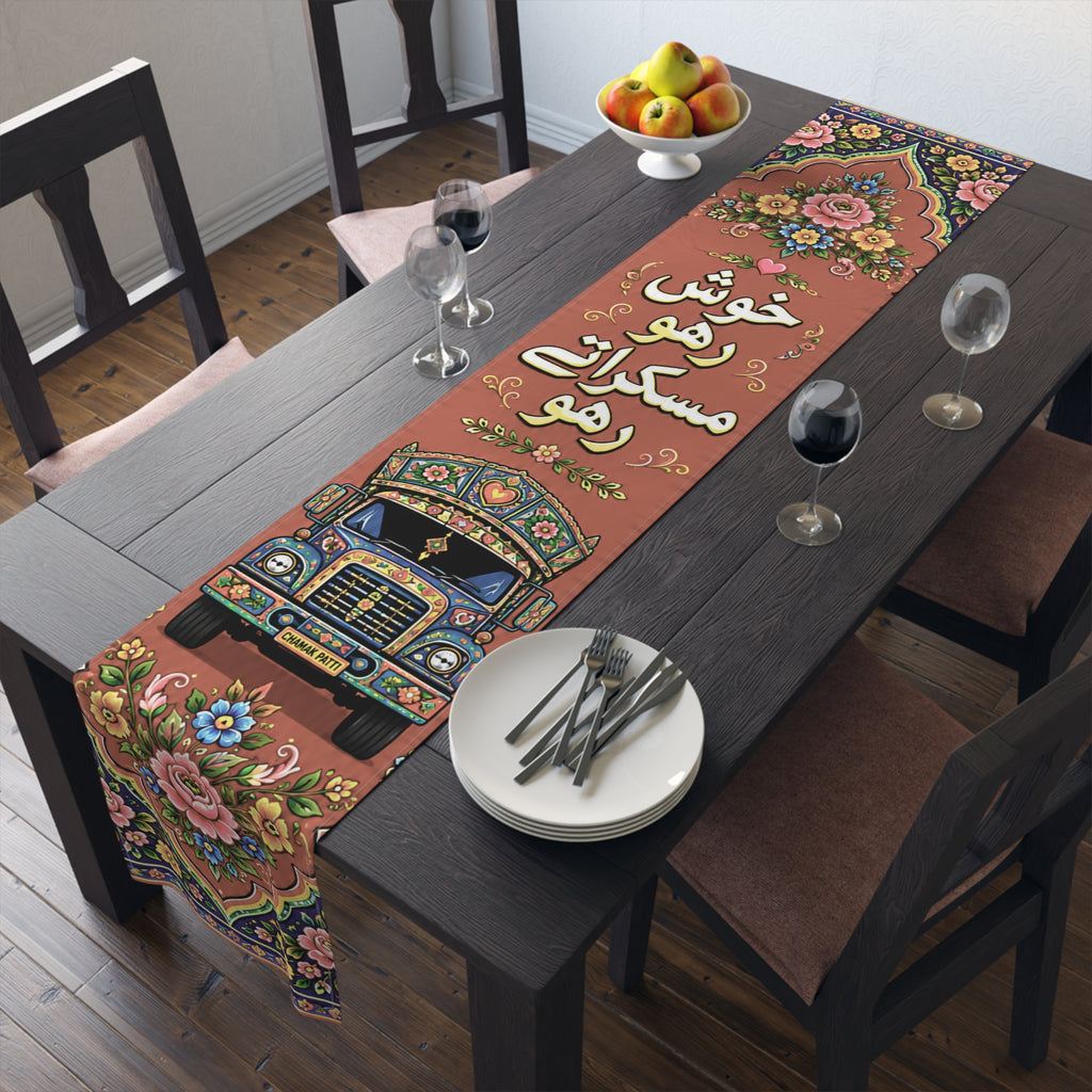 Pakistani Truck Art Floral Table Runner – Urdu Quote 'Khush Raho Muskurate Raho' Cotton/Poly