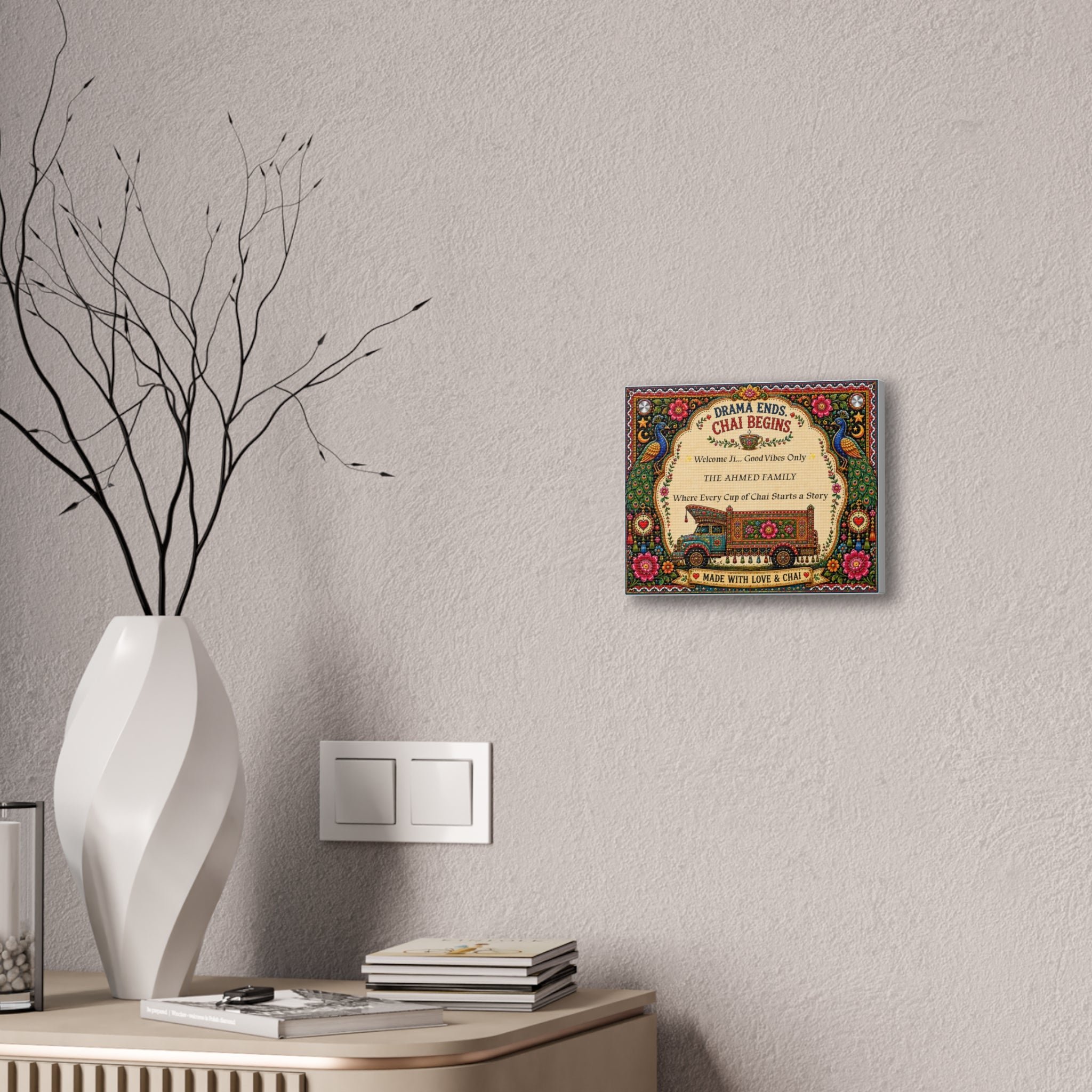 Drama Ends Chai Begins Canvas Wall Art — Personalized 'Made with Love & Chai' Home Sign