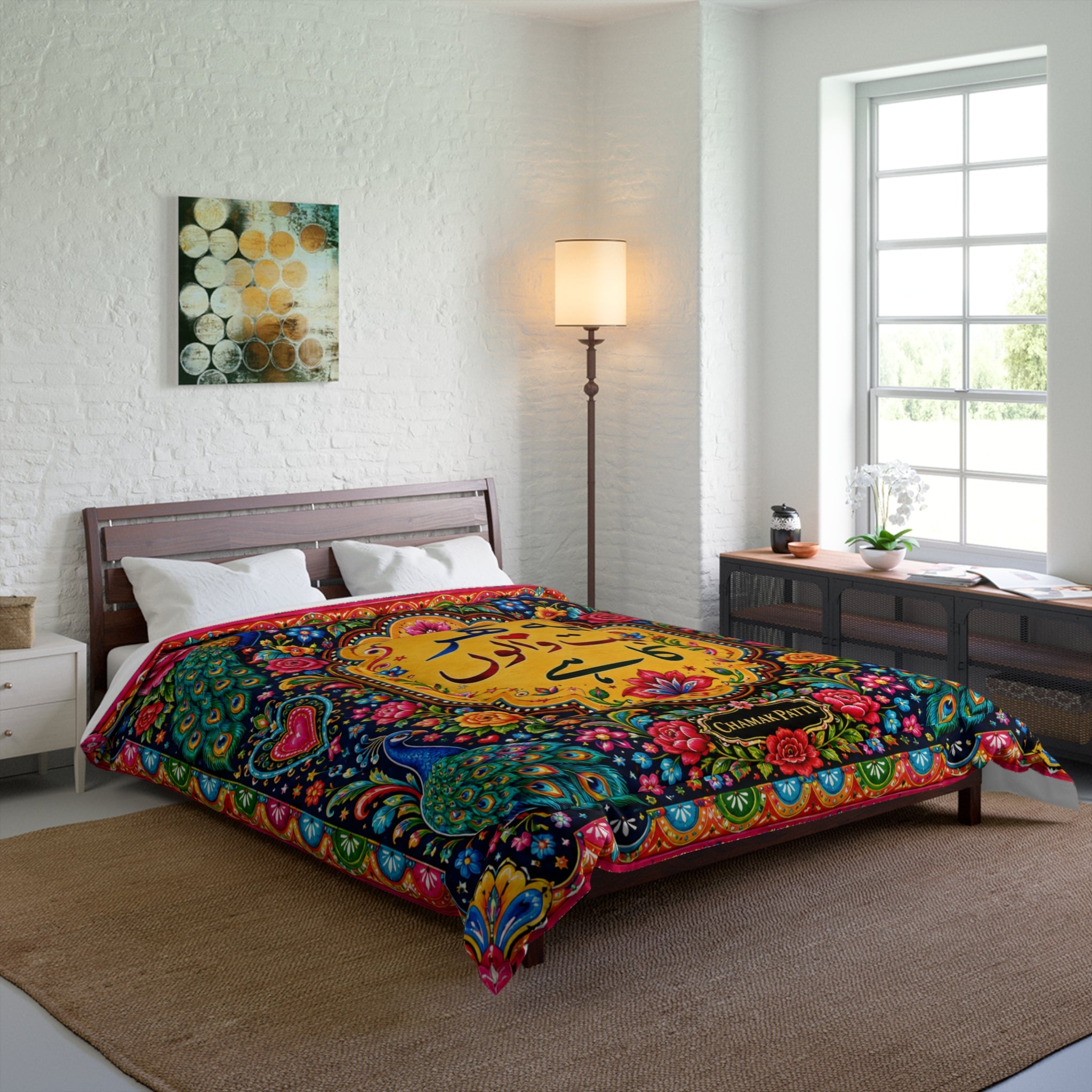 Comforter — Vibrant Urdu Love Quote Peacock Floral Comforter