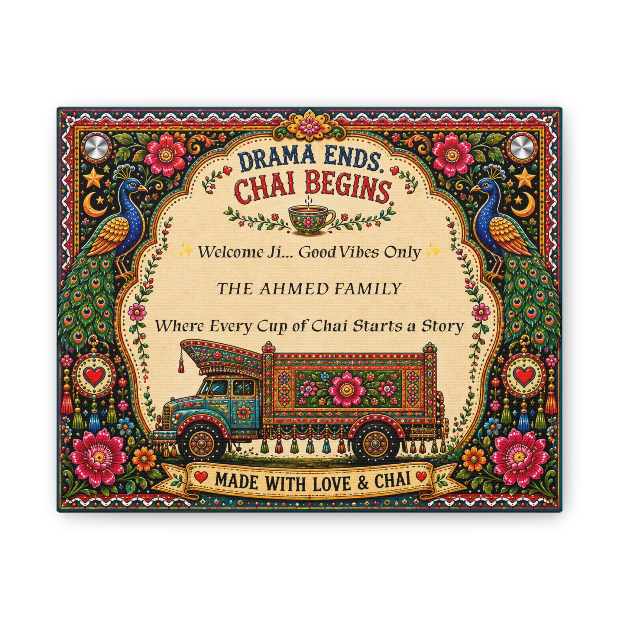 Drama Ends Chai Begins Canvas Wall Art — Personalized 'Made with Love & Chai' Home Sign