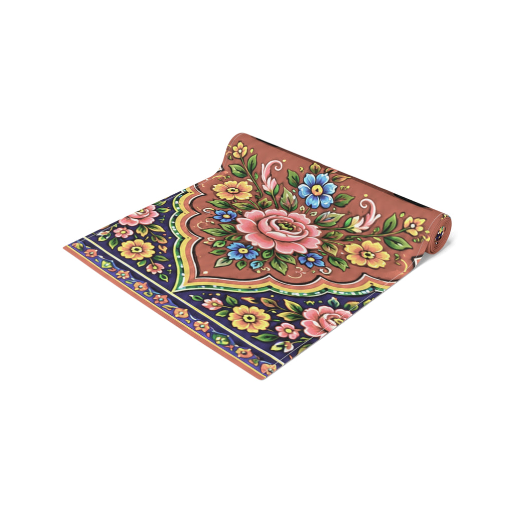 Pakistani Truck Art Floral Table Runner – Urdu Quote 'Khush Raho Muskurate Raho' Cotton/Poly