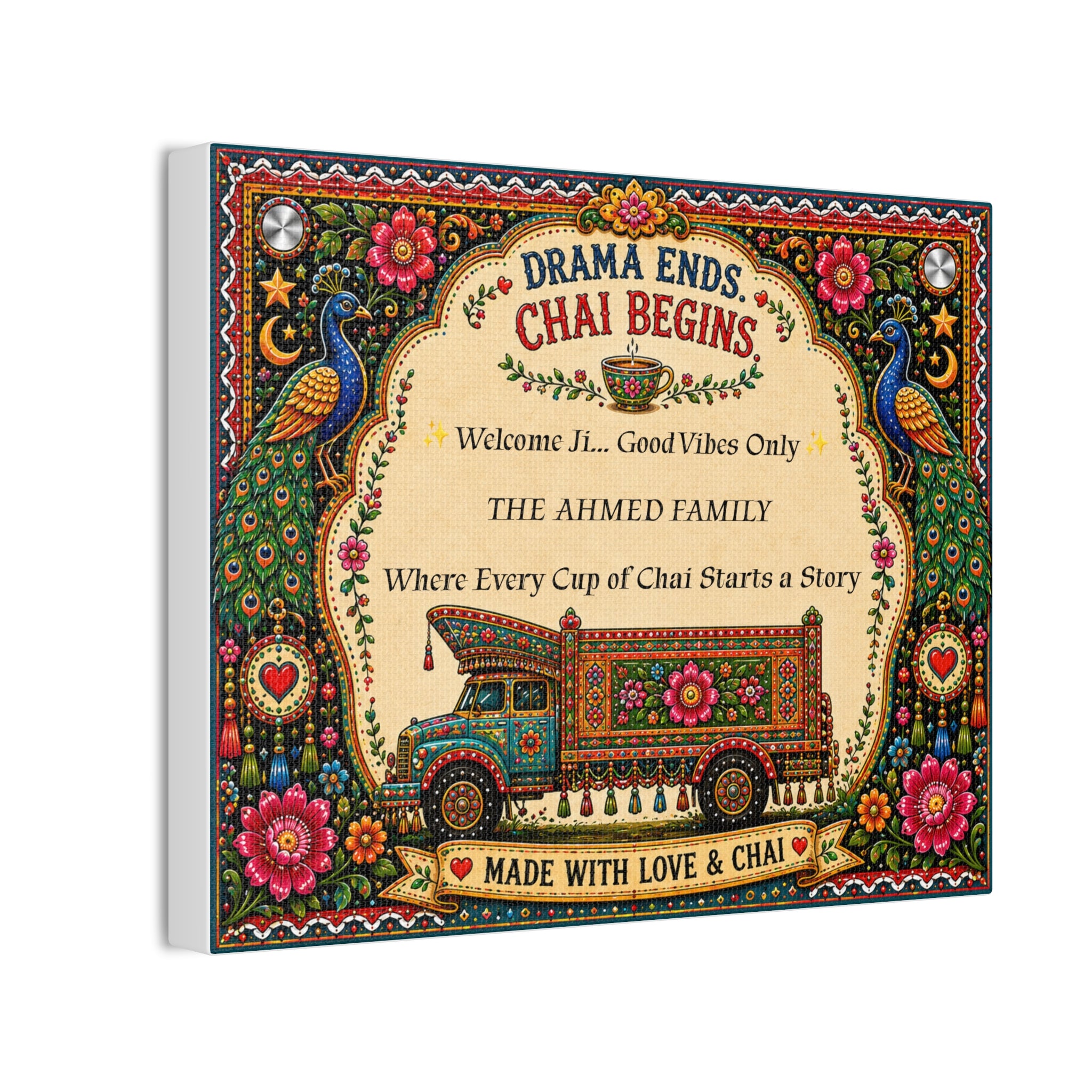 Drama Ends Chai Begins Canvas Wall Art — Personalized 'Made with Love & Chai' Home Sign