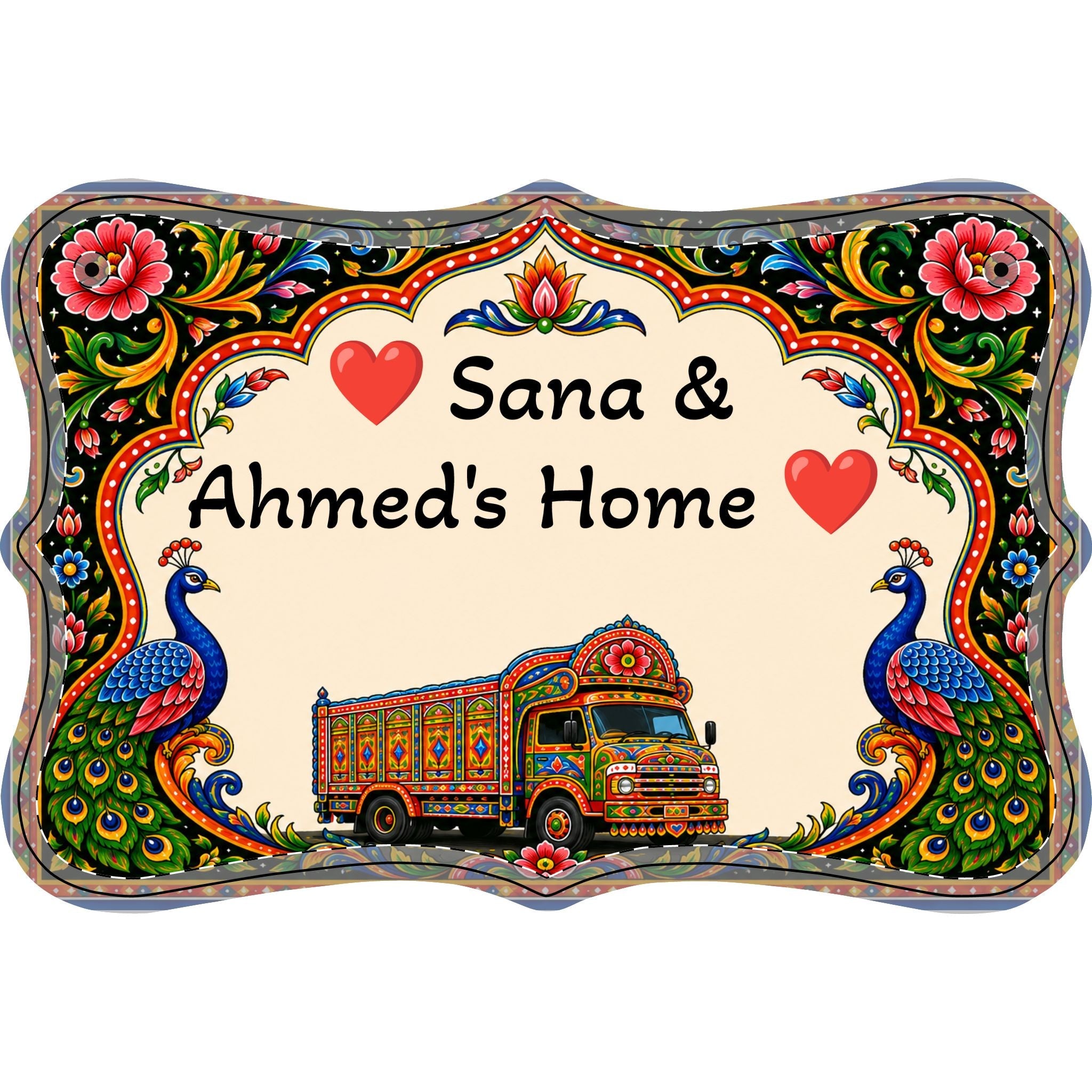Personalized hand-painted wood sign with truck art and peacock design reading Sana & Ahmed's Home