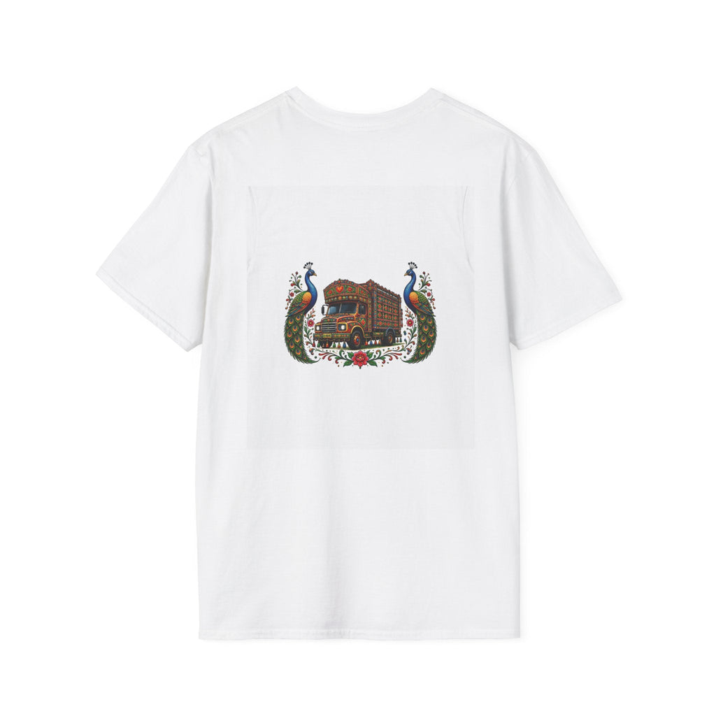 Ethnic Urdu graphic t-shirt with colorful peacock and floral truck art design, model wearing