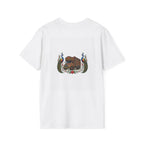 Ethnic Urdu graphic t-shirt with colorful peacock and floral truck art design, model wearing