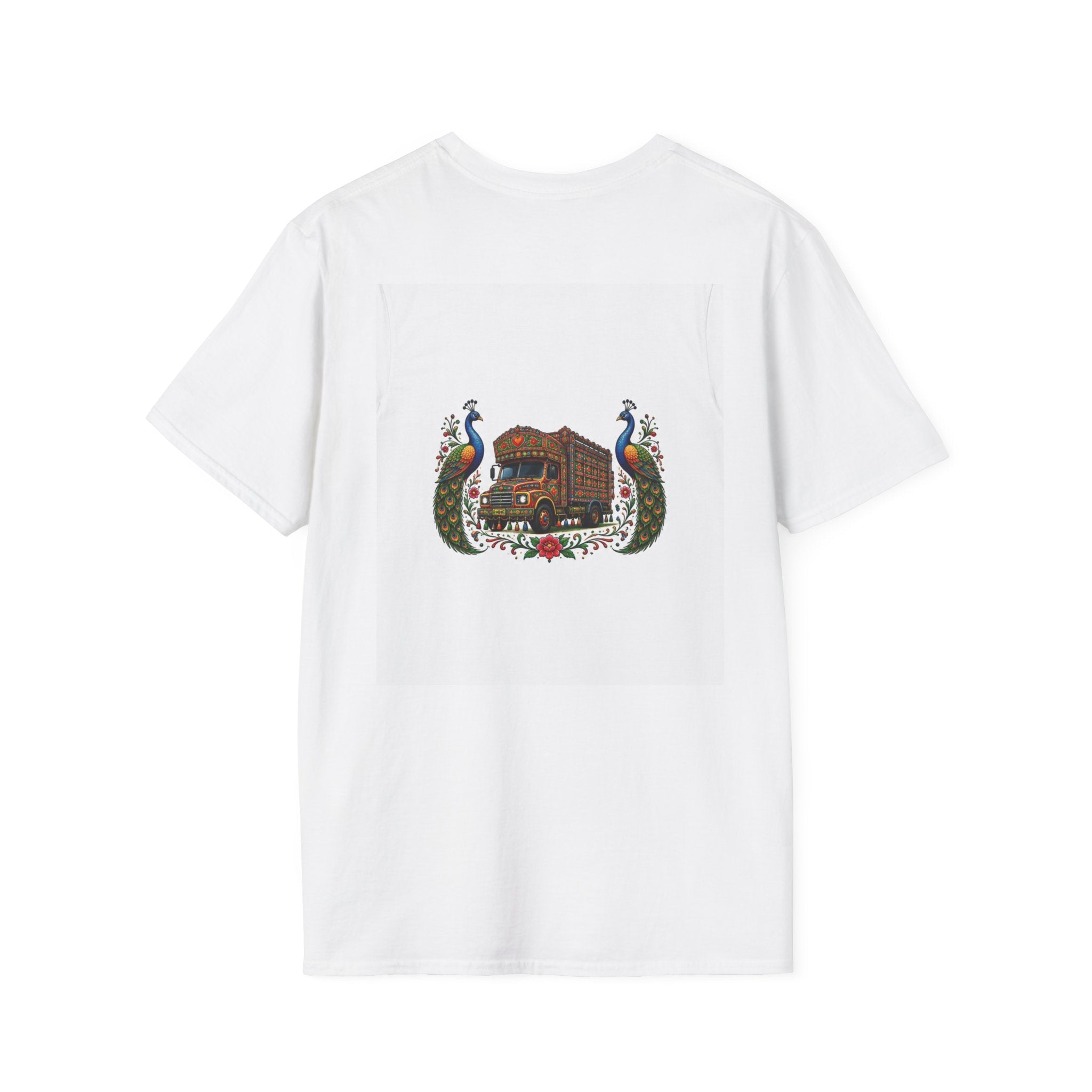 Ethnic Urdu graphic t-shirt with colorful peacock and floral truck art design, model wearing