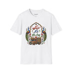 Desi fashion unisex t-shirt with Pakistani truck art floral peacock print, close-up detail