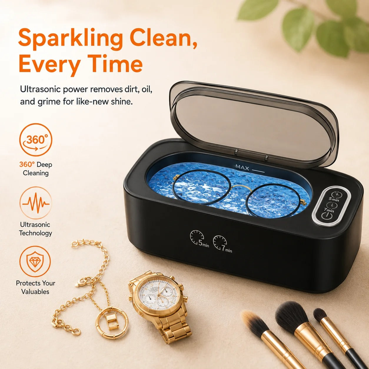 Ultrasonic Jewelry, Eyeglasses & Watches Cleaner - 360° Deep Clean, 5/7 Min Modes