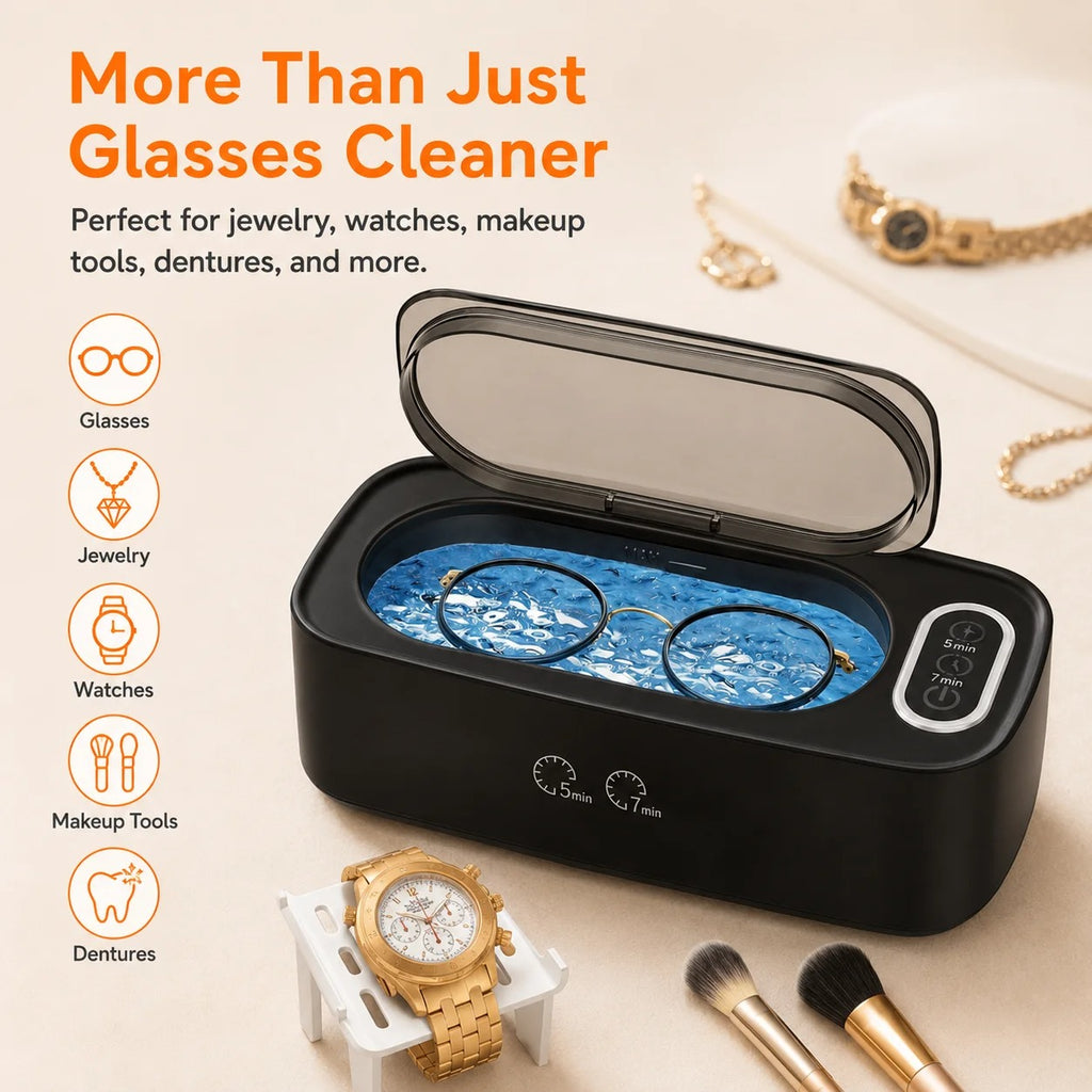 Ultrasonic Jewelry, Eyeglasses & Watches Cleaner - 360° Deep Clean, 5/7 Min Modes