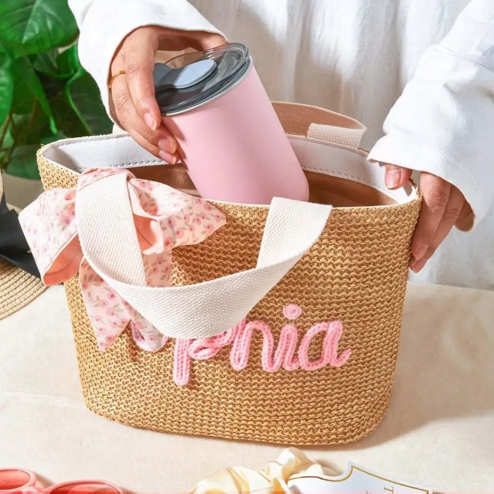 Personalized Straw Beach Bag – Custom Embroidered Name Crochet Tote