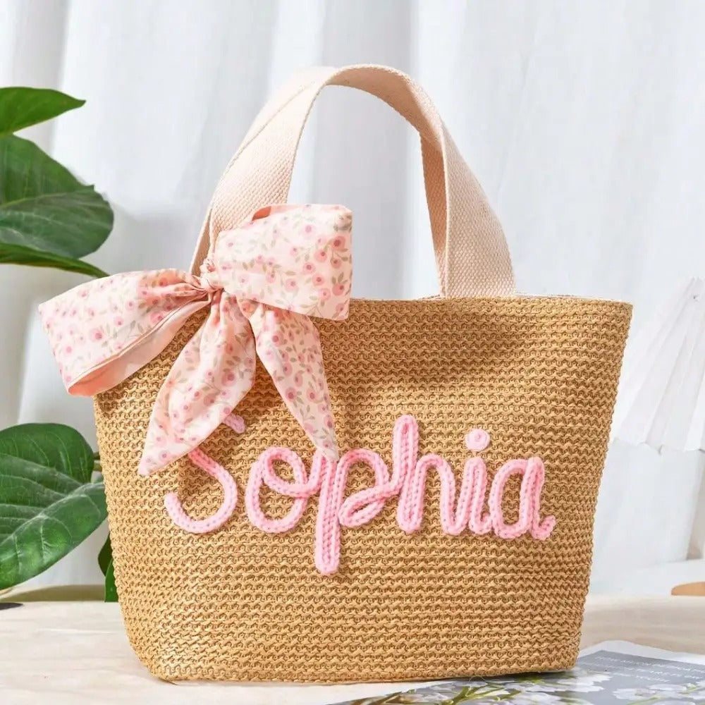 Personalized Straw Beach Bag – Custom Embroidered Name Crochet Tote